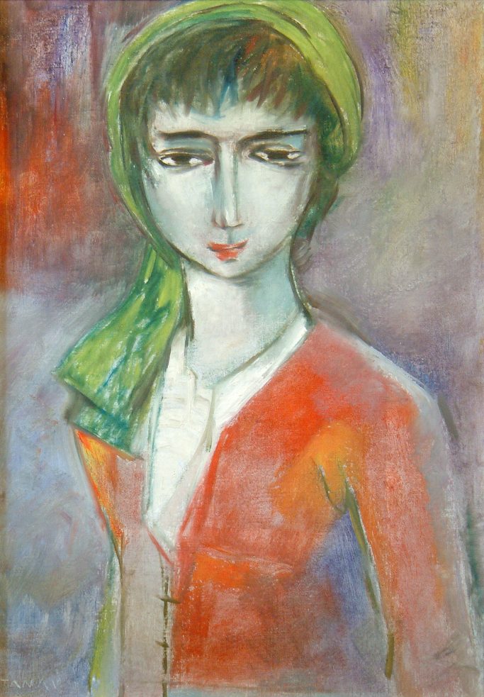 Frau mit grünem Kopftuch